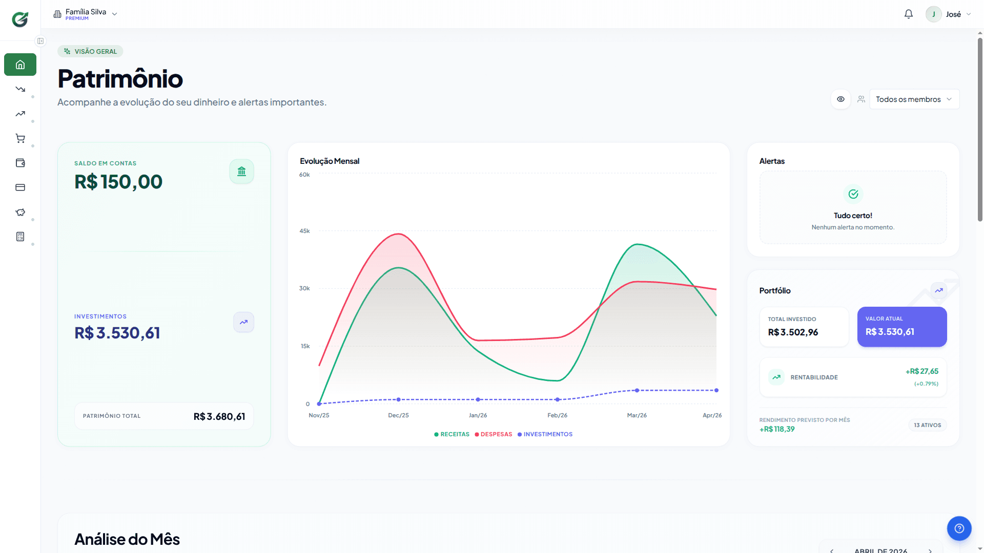 Dashboard do Plan 'n' Gain mostrando saldo, evolução mensal e portfólio de investimentos