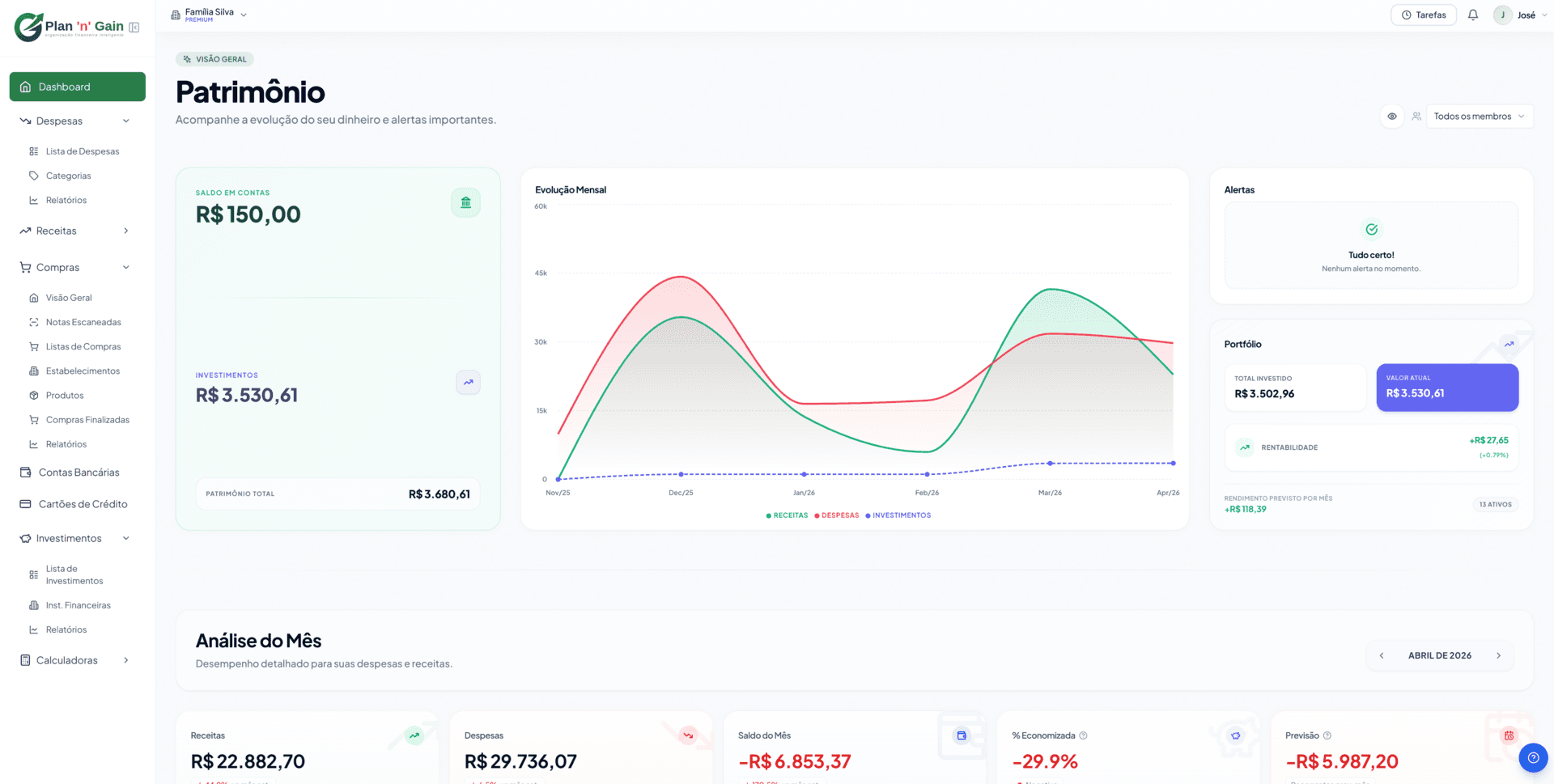 Dashboard do Plan 'n' Gain com menu lateral aberto, mostrando saldo, evolução mensal e portfólio