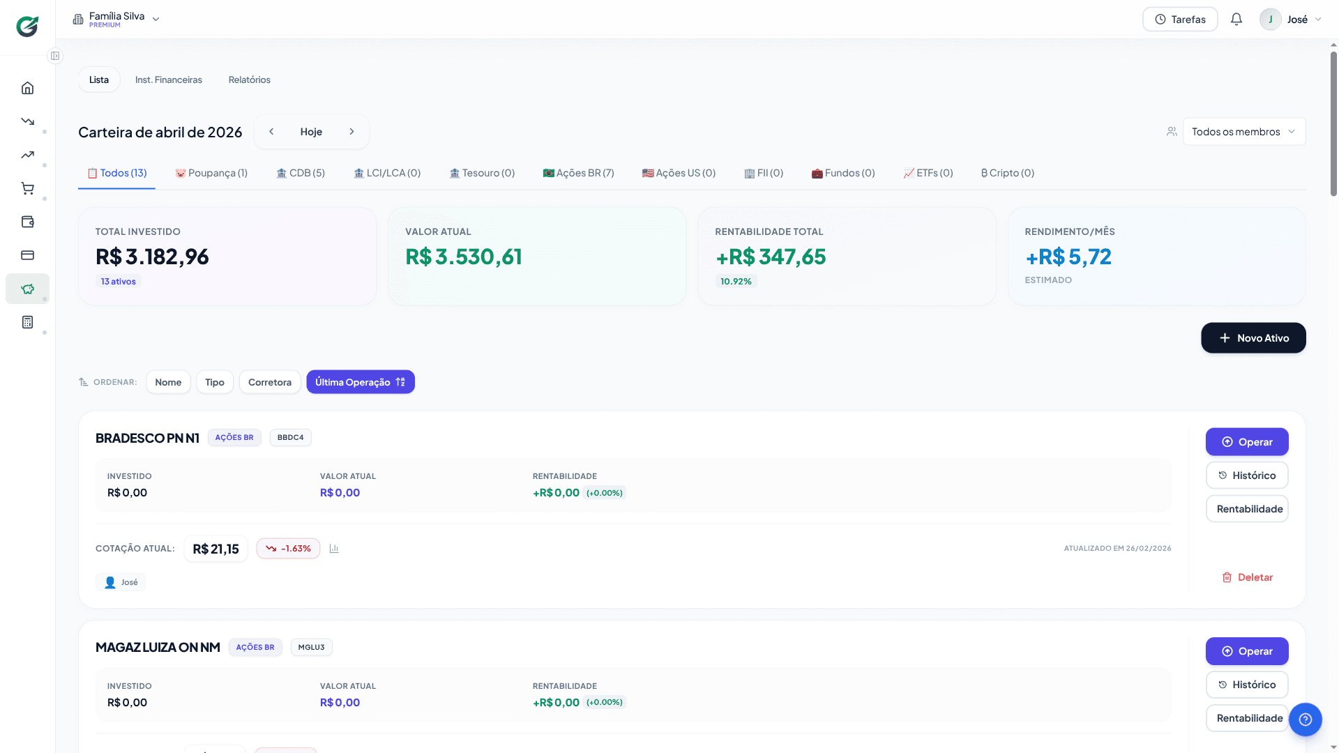 Portfólio de investimentos com total investido, valor atual, rentabilidade e gráfico de alocação