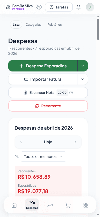 Página mobile de despesas com totais e ações de Despesa Esporádica, Importar Fatura e Importar Nota