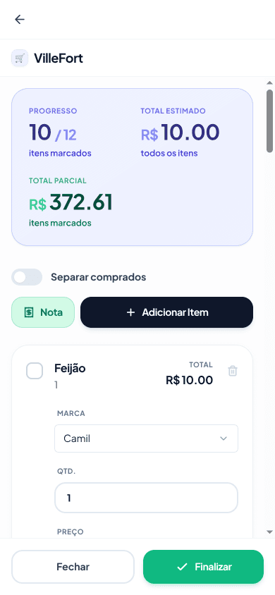 Lista mobile em modo de compra com progresso, total estimado, marca, quantidade e preço por item