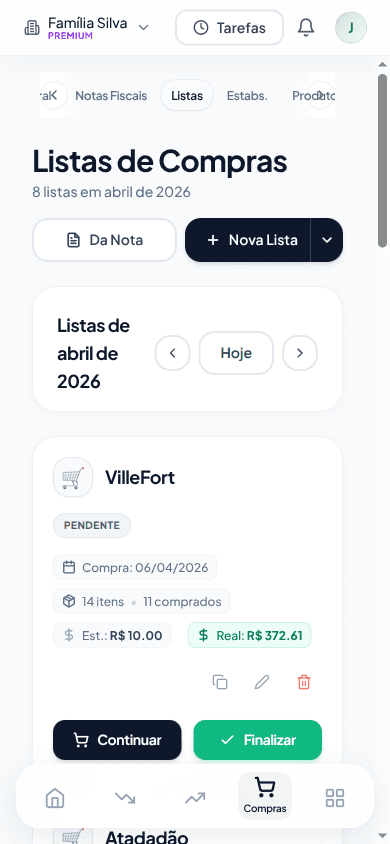 Página mobile de listas de compras com cards, status de cada lista e barra de navegação inferior